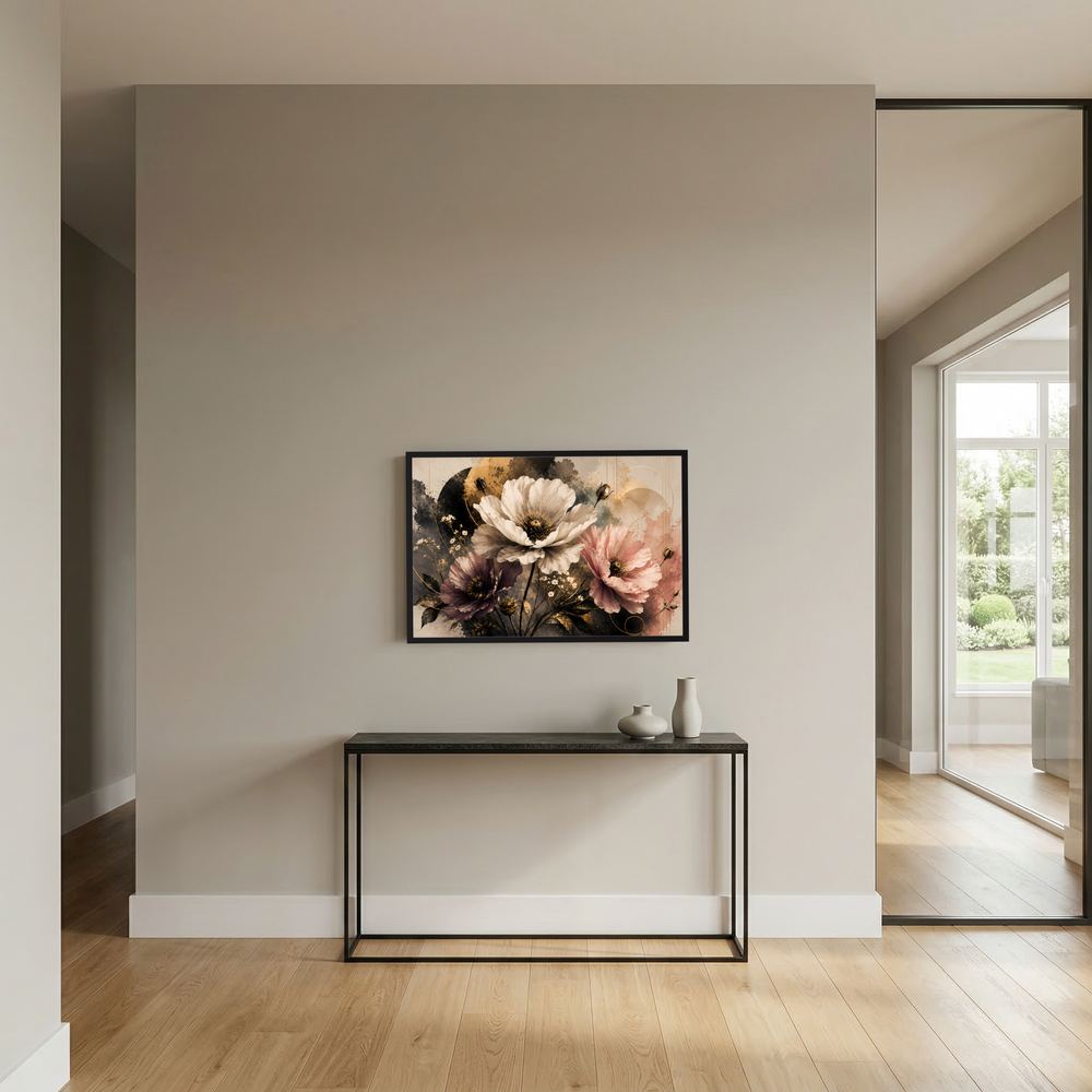 Wandposter im Querformat mit Mohnblumen in Creme, Rosa und Violett, schwarzer Rahmen