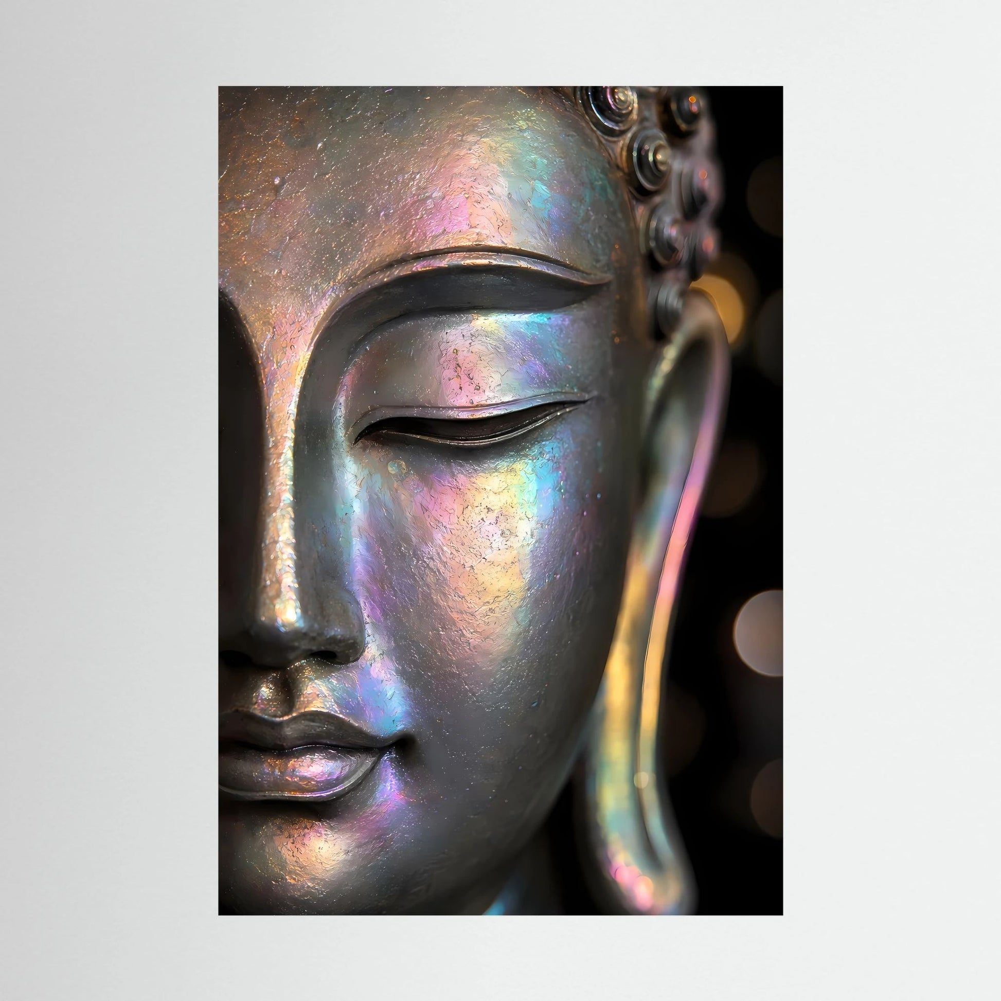 Kunstposter mit Buddha-Gesicht in irisierendem Perlmuttglanz, Detailausschnitt