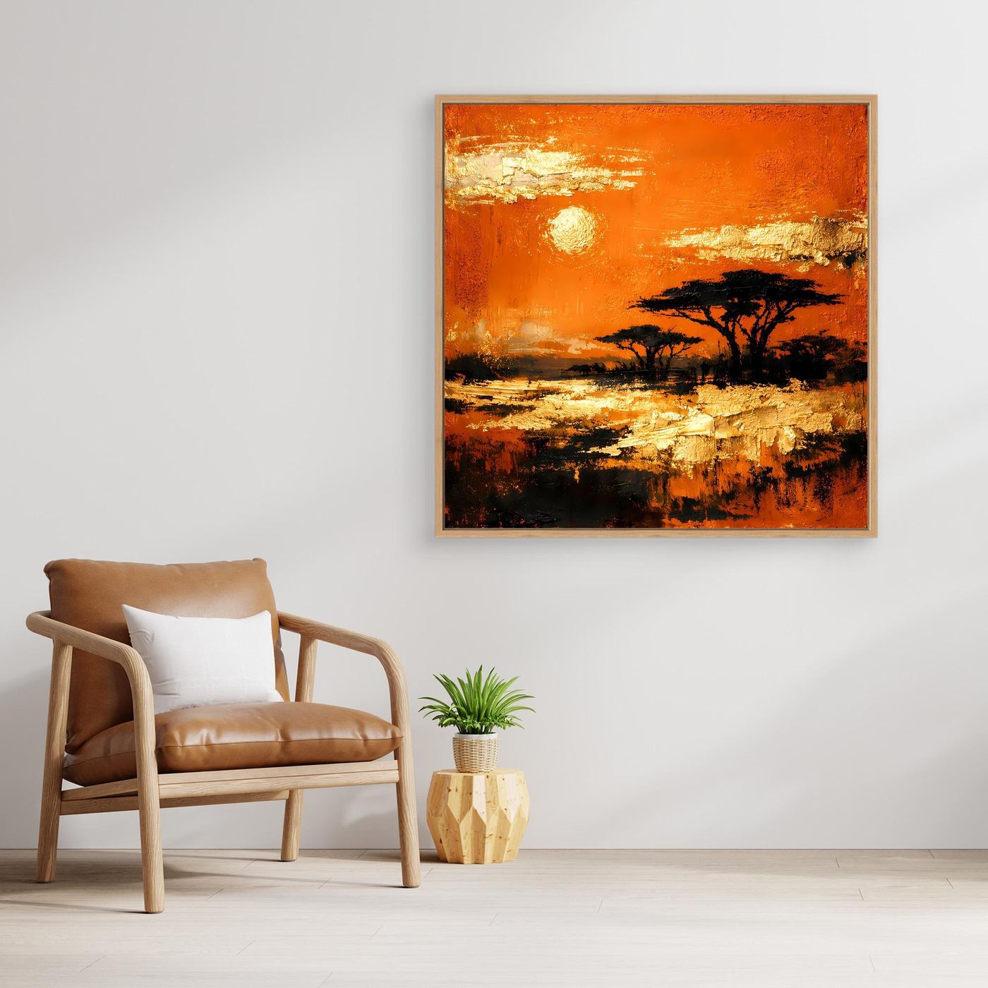 Leinwand Abstraktes Savannen-Panorama | Modernes Afrika Wandbild in Orange und Goldblättern