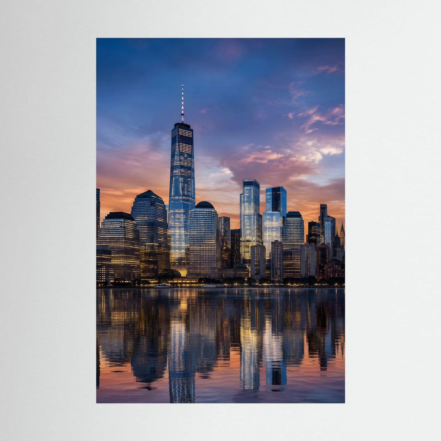 Stadt-Skyline-Poster Manhattan bei Sonnenuntergang, Hochformat, Nahansicht