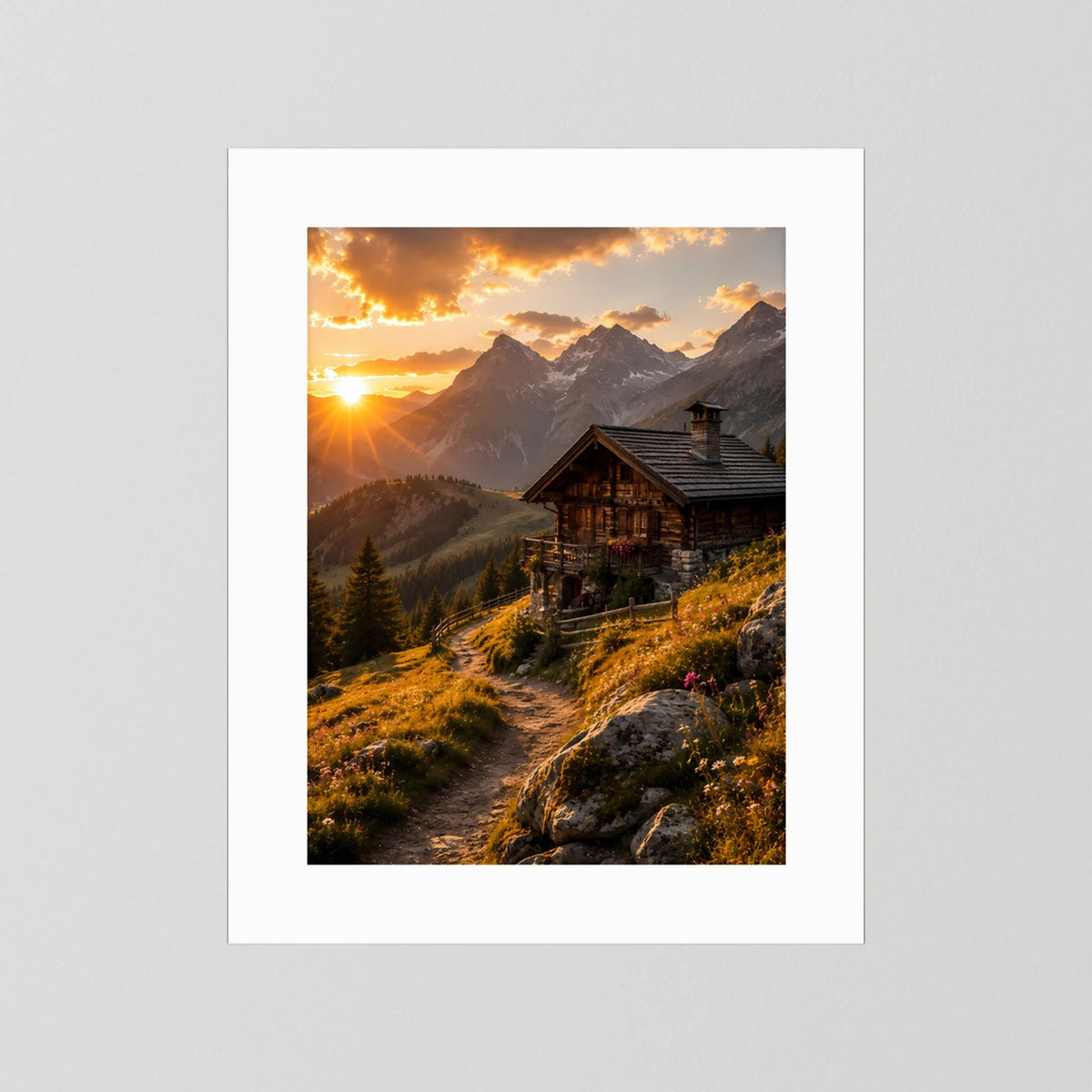Hochformat-Poster mit weißem Rand: Berghütte im Sonnenuntergang, Berge im Hintergrund