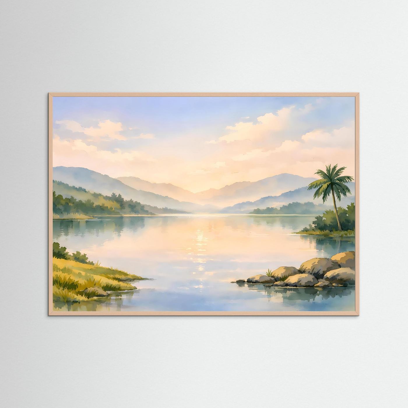 Natur-Poster mit rosafarbenem Holzrahmen, aquarellierte Tropenlandschaft am See