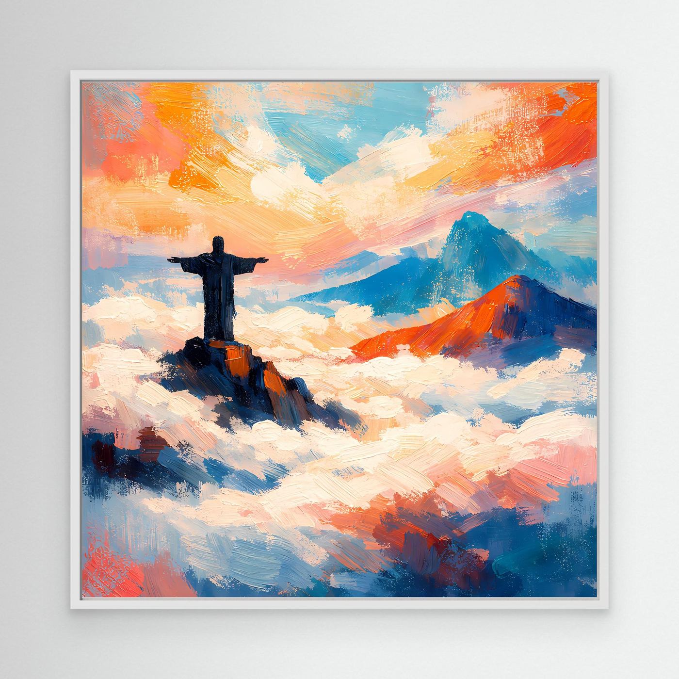 Leinwand-Wandbild mit Kreuzfigur über Wolken und Bergen, blau-bunt, mit weißem Rahmen