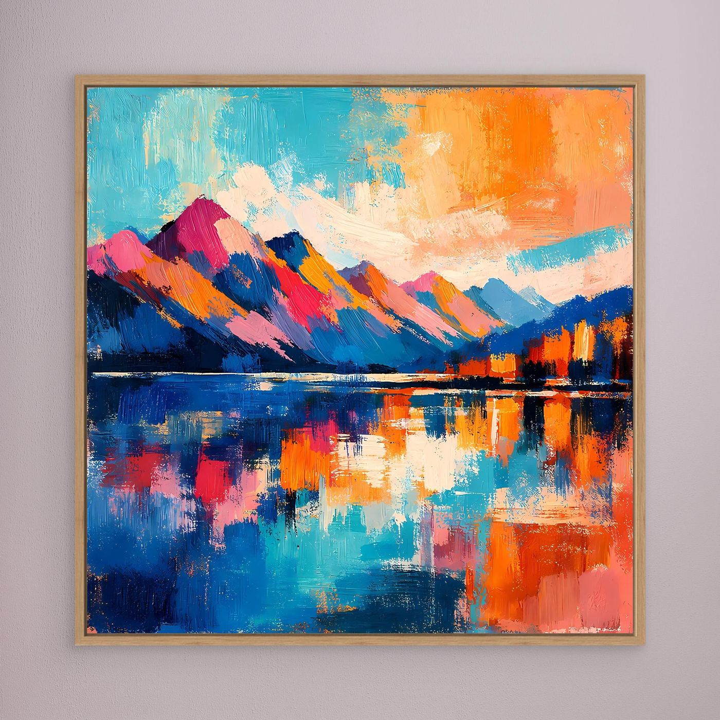 Gerahmtes Leinwandbild mit abstrakten Bergen und See-Spiegelung, türkis, orange und blau