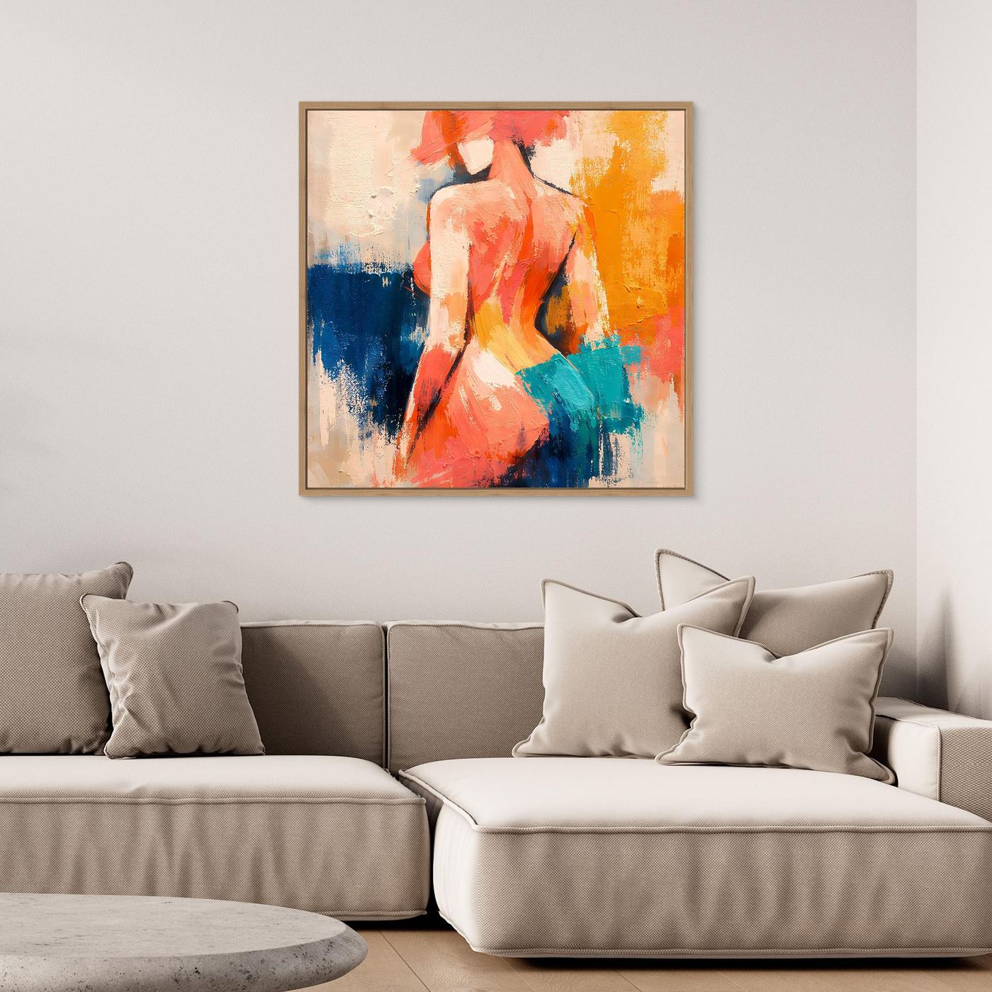Canvas wall art print of abstract female back silhouette, gold wood frame, multicolor