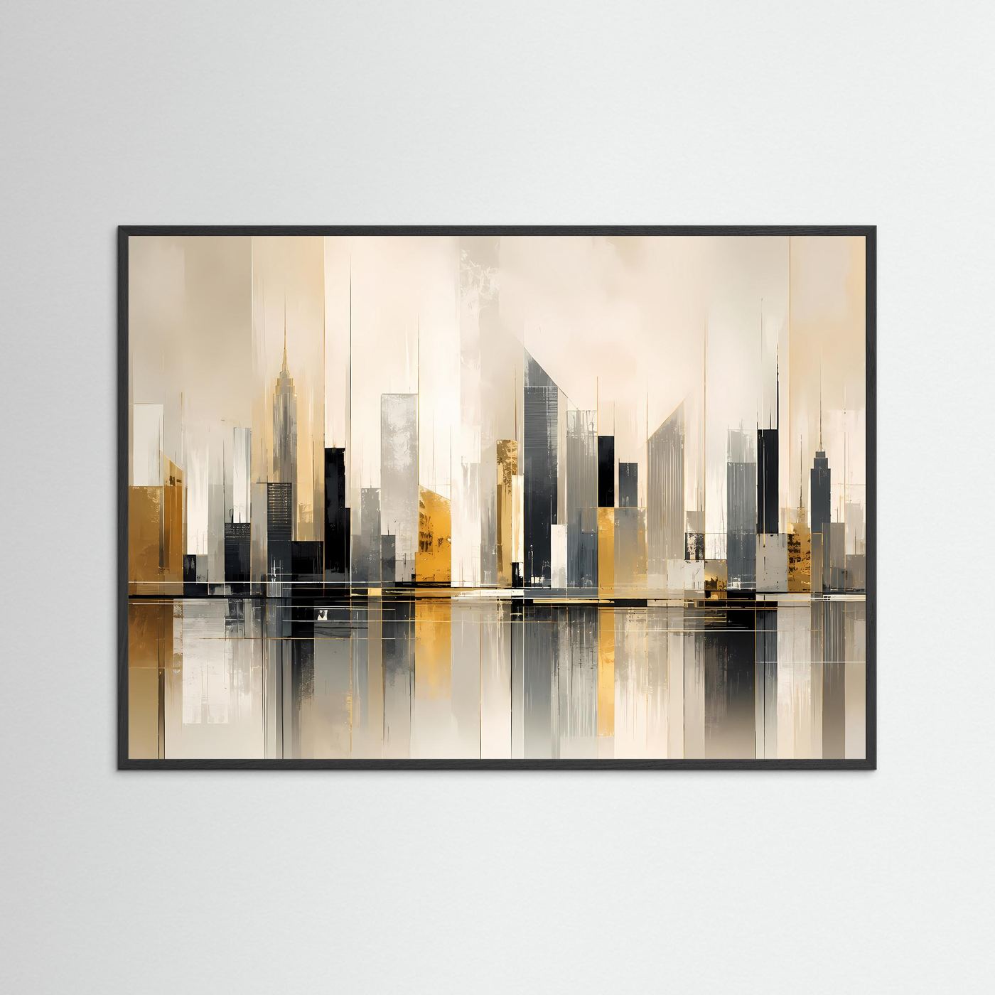 Querformat-Poster Skyline abstrakt in Beige, Schwarz und Gold, mit schwarzem Rahmen