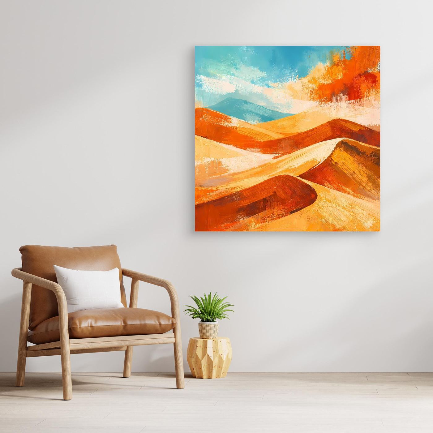 Abstract desert landscape canvas wall art with orange and gold dune shapes