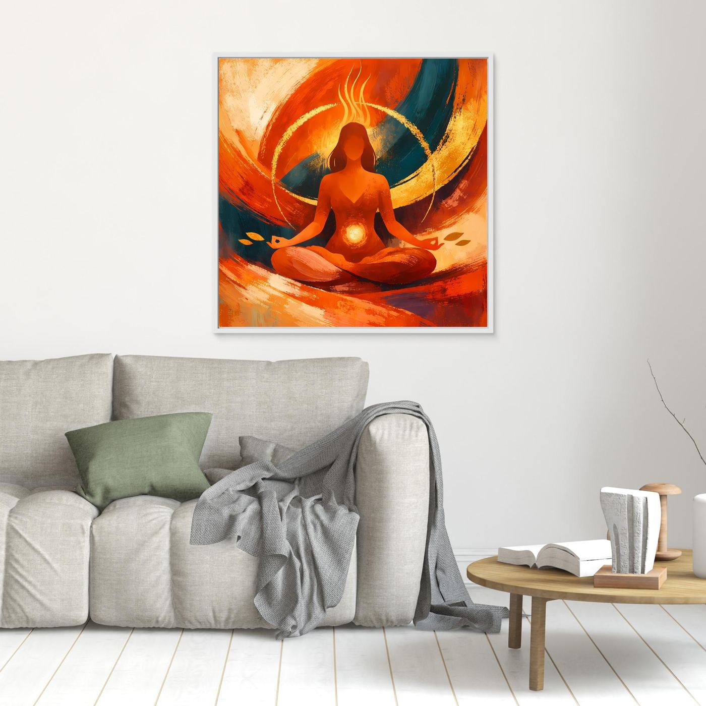 Leinwandbild mit sitzender Meditationsfigur im Orange-Rot, abstraktes Yoga Motiv, weiß gerahmt