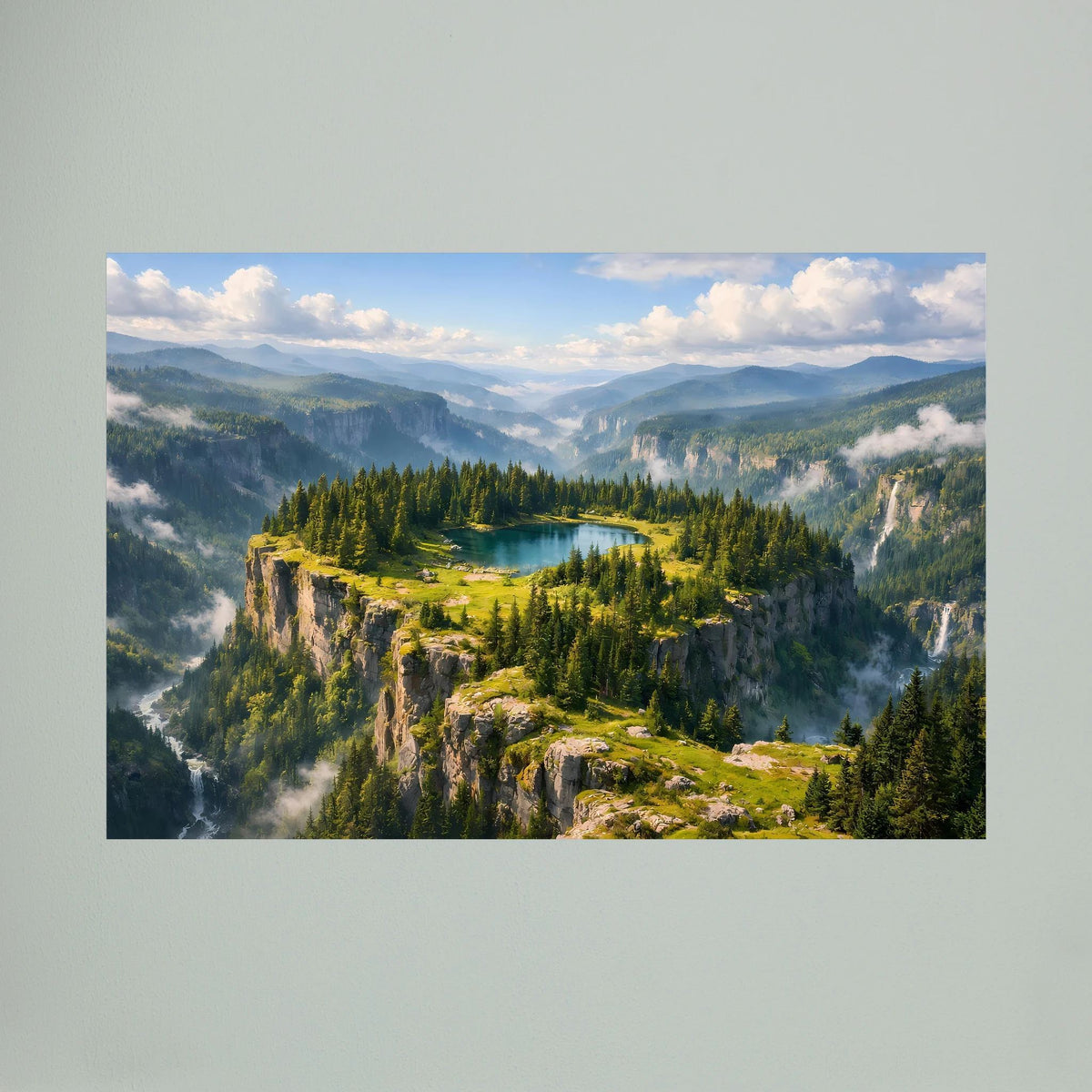 Wandbild im Querformat: Bergsee auf Felsplateau mit Nadelwald und wolkenreichen Bergen