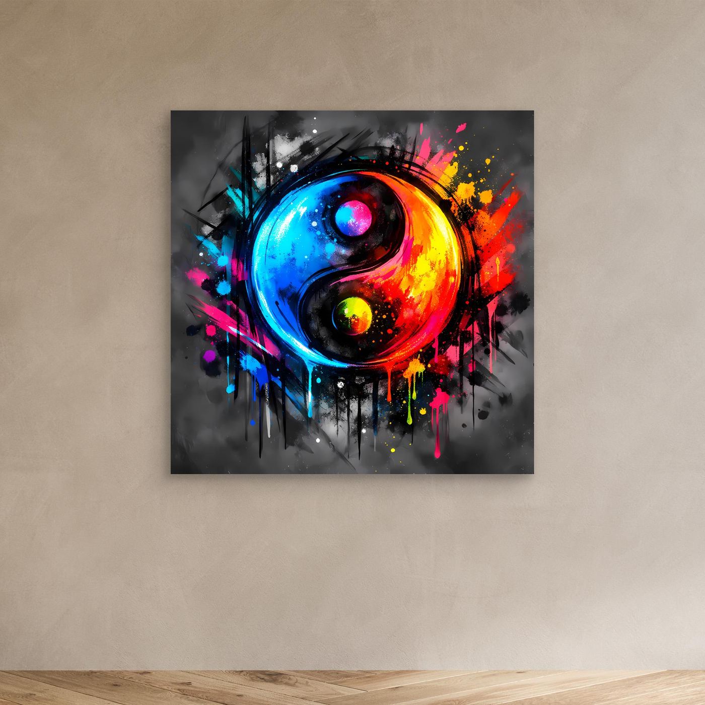Leinwandbild mit abstraktem Yin-Yang-Motiv, bunt gespritzt, ohne Rahmen