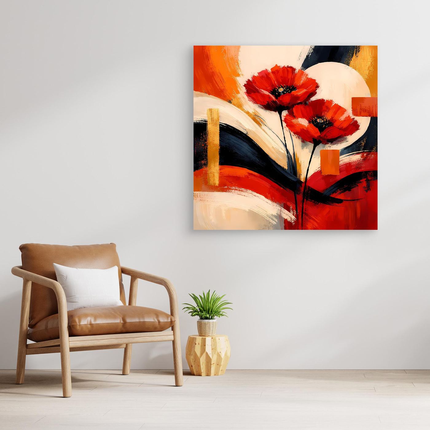 Leinwandbild mit Mohnblüten in Rot und Gold, schwarzer Kontur und hellen Flächen
