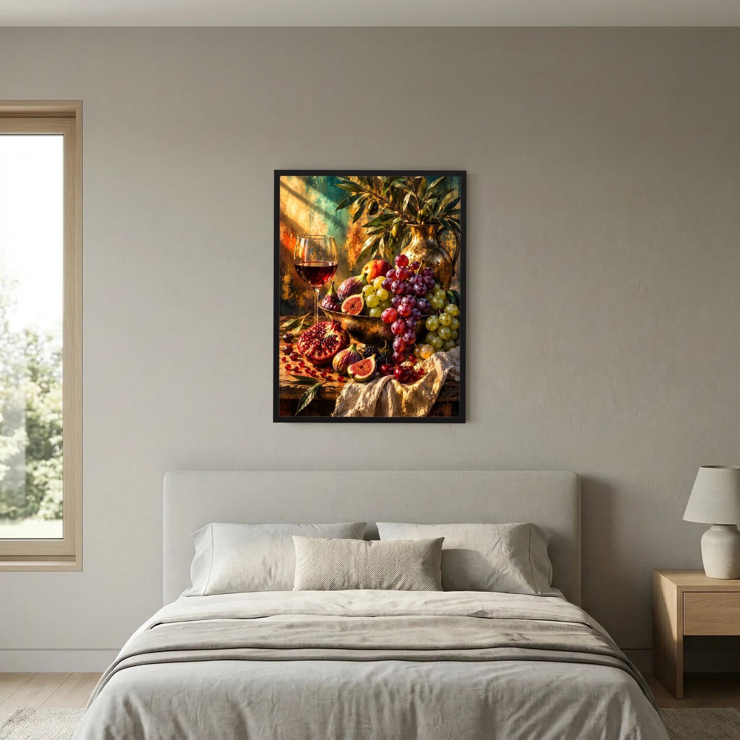 Wandposter mit Stillleben: Trauben, Feigen, Granatapfel sowie Wein in einem Glas