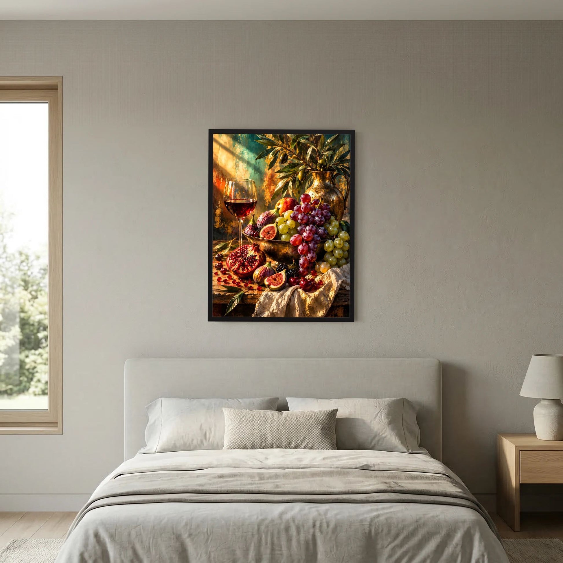 Wandposter mit Stillleben: Trauben, Feigen, Granatapfel sowie Wein in einem Glas