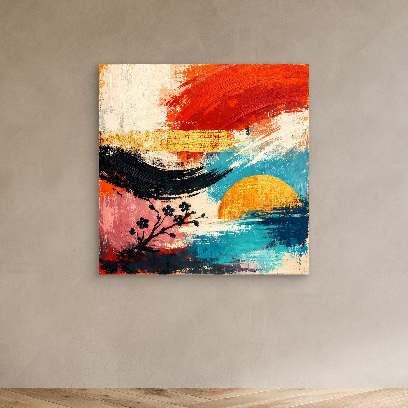 Abstraktes Wandbild ohne Rahmen mit Kirschblütenzweig, Sonne in Gelb und blauem Hintergrund