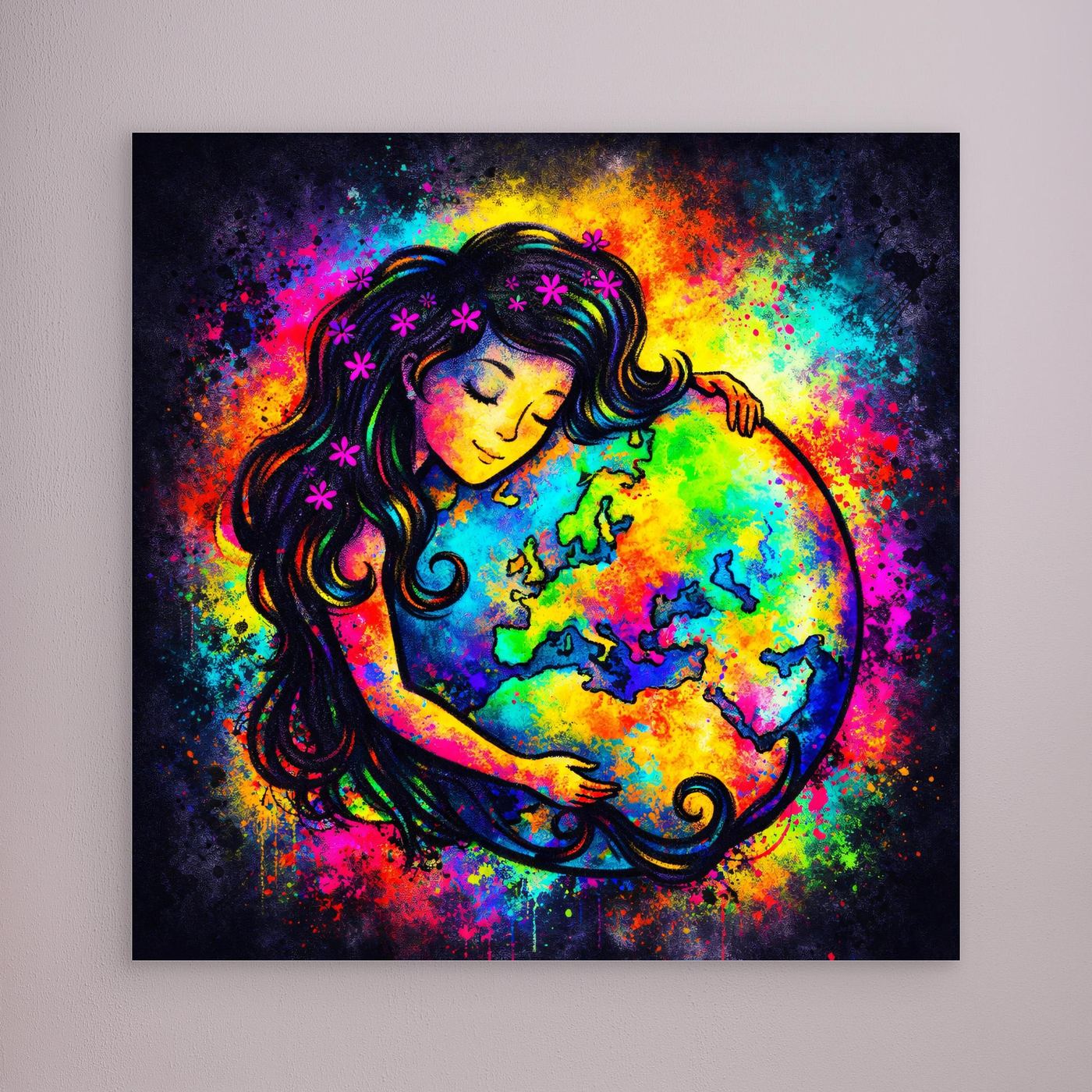 Leinwandbild: stilisierte Frau mit lockigem Haar umarmt eine bunte Weltkugel im Farbspritzer-Look