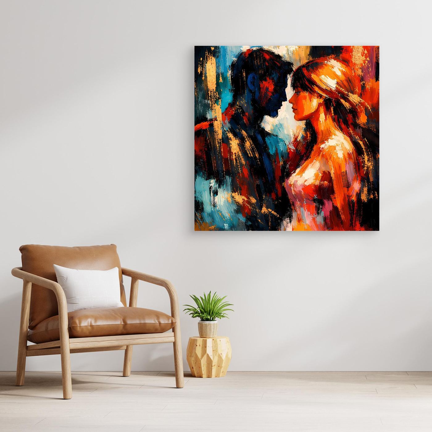 Gerahmtes Leinwandbild mit abstraktem Liebespaar in Blau, Orange und Rot