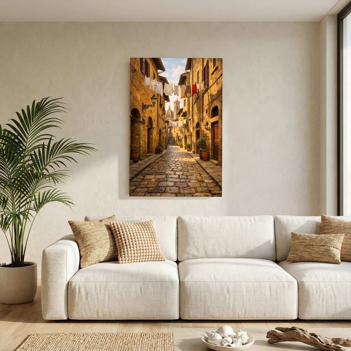 Hochformatiges Wandbild: sonnige Gasse mit Kopfsteinpflaster, Altbauten und Wäscheflaggen