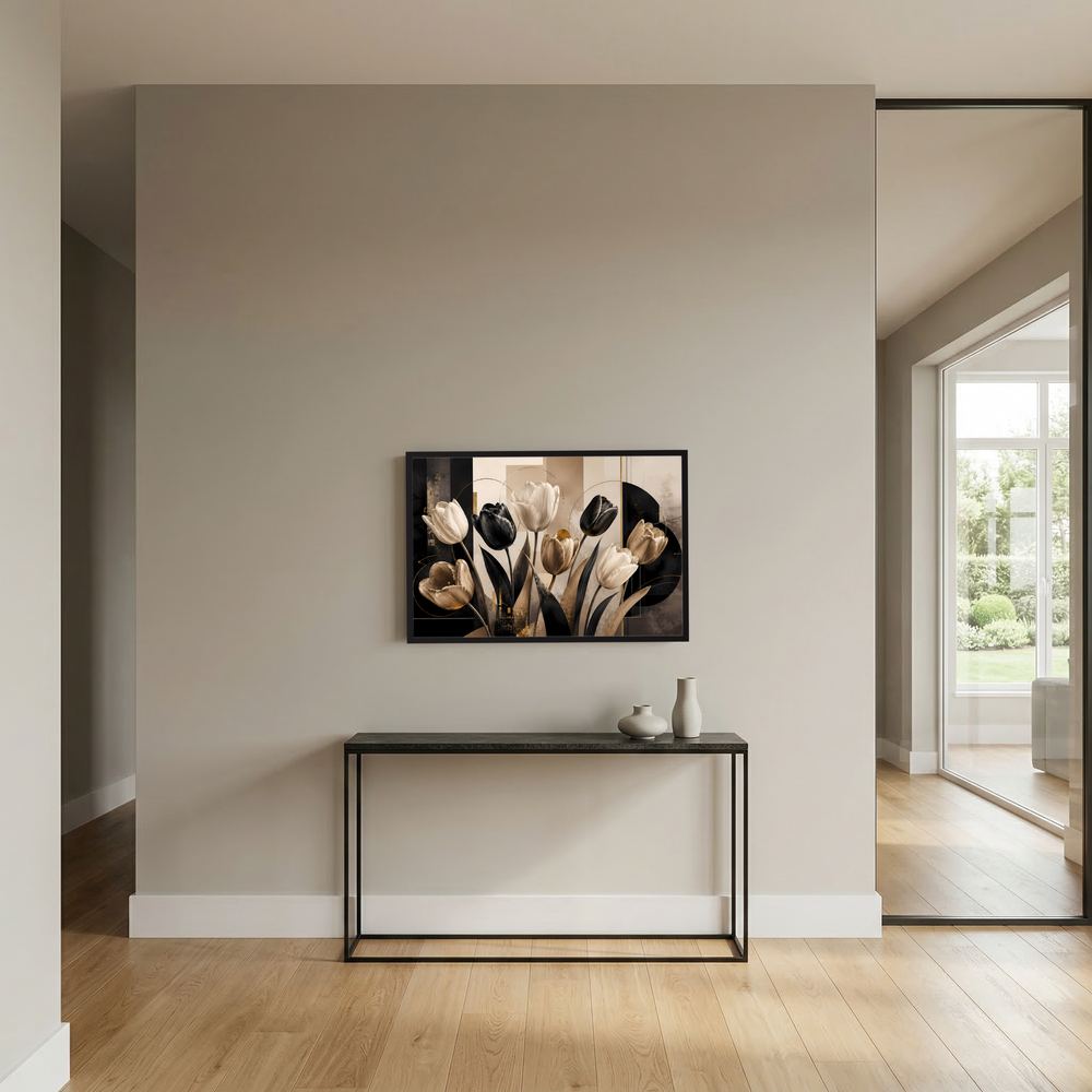 Abstraktes Tulpenposter im Querformat, schwarz-creme mit Goldakzenten, kleiner schwarzer Rahmen
