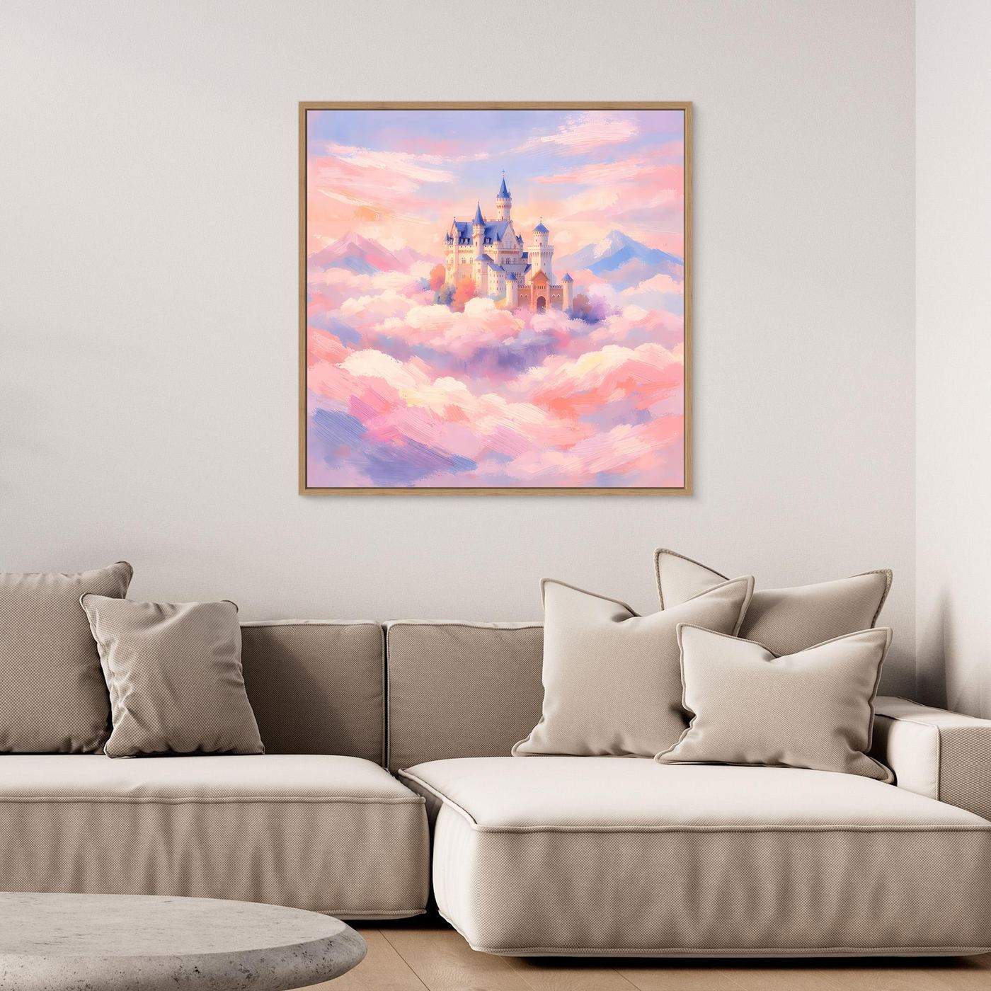 Leinwand Schloss Neuschwanstein über Wolken | Märchenhafte Pastelltöne Wandbild