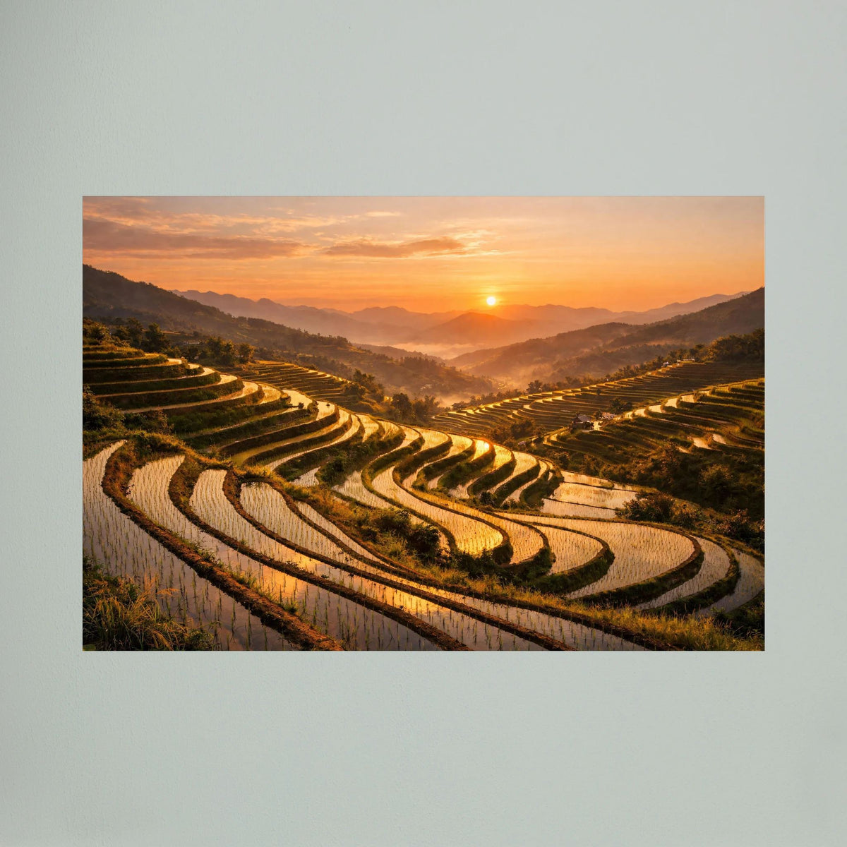 Wandbild-Print mit Reisterrassen bei Sonnenuntergang im Querformat