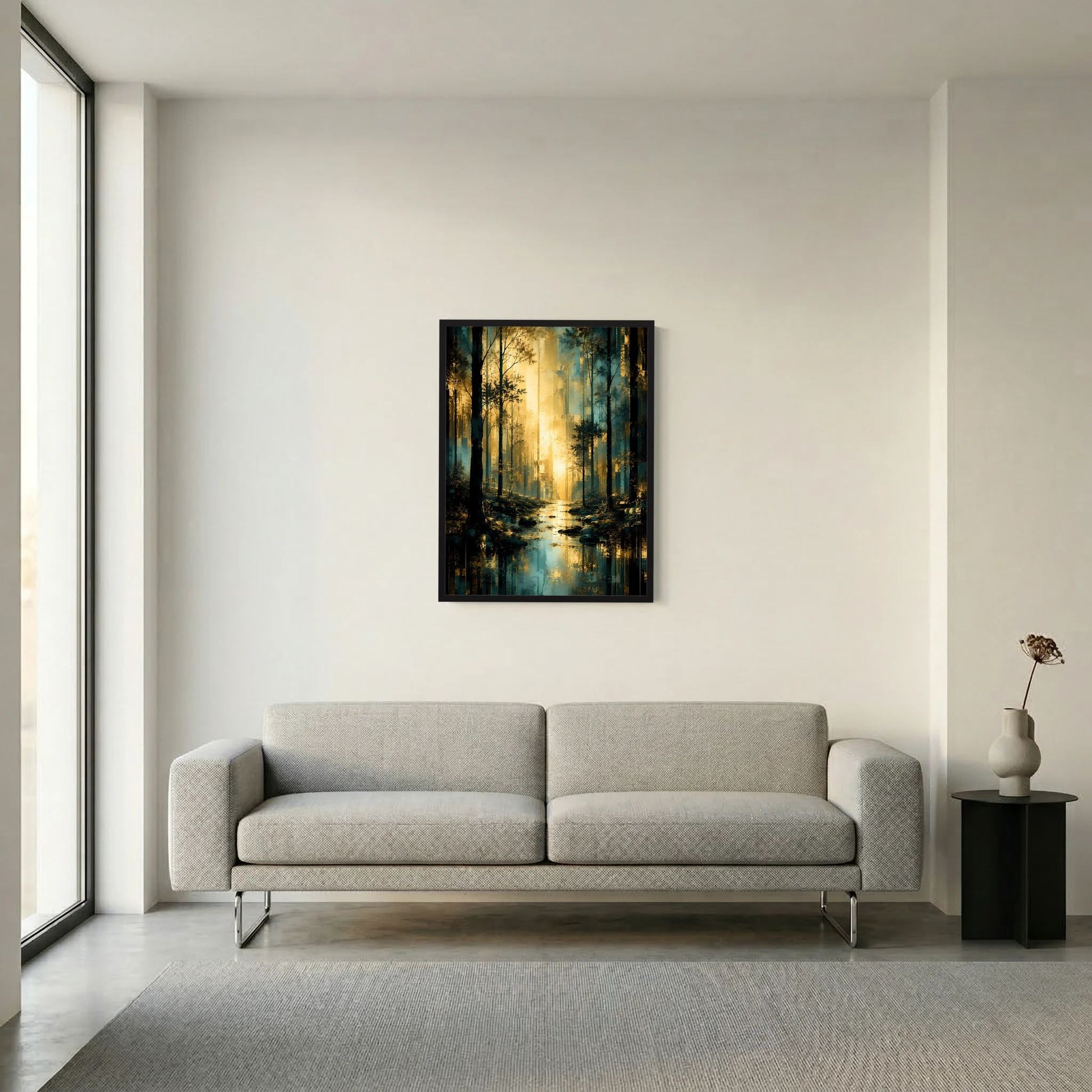 Hochformat-Poster mit Waldlichtstrahlen in Türkis und Gold, schwarzer Rahmen über Sofa