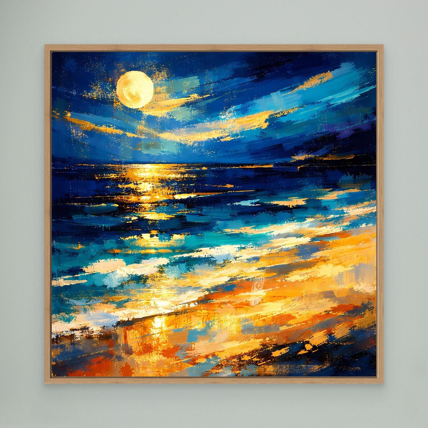 Leinwandbild mit leuchtendem Vollmond über abstraktem Meer, Blau- und Goldtöne im Eichenrahmen