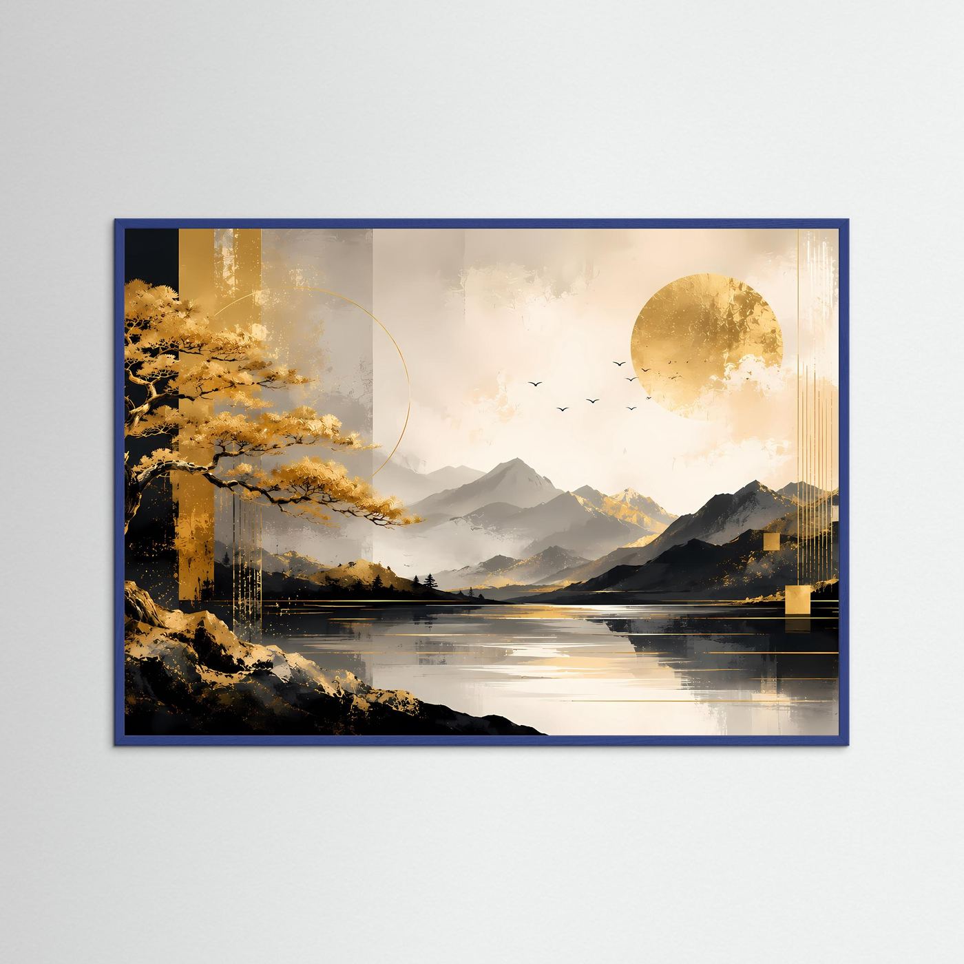 Goldener Bonsai am Bergsee | Elegante Landschaft mit Bergen, Sonne und Wasser | Moderne Naturkunst in Schwarz, Gold und Creme im Querformat