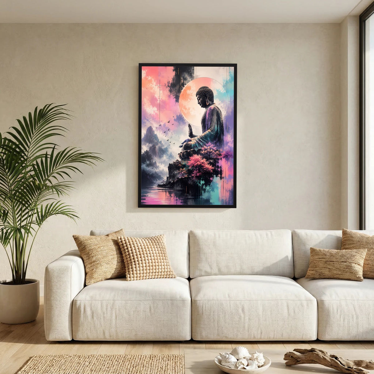 Hochformatiges Buddha-Poster mit meditierender Figur, Bergen und Kirschblüten, schwarzer Rahmen