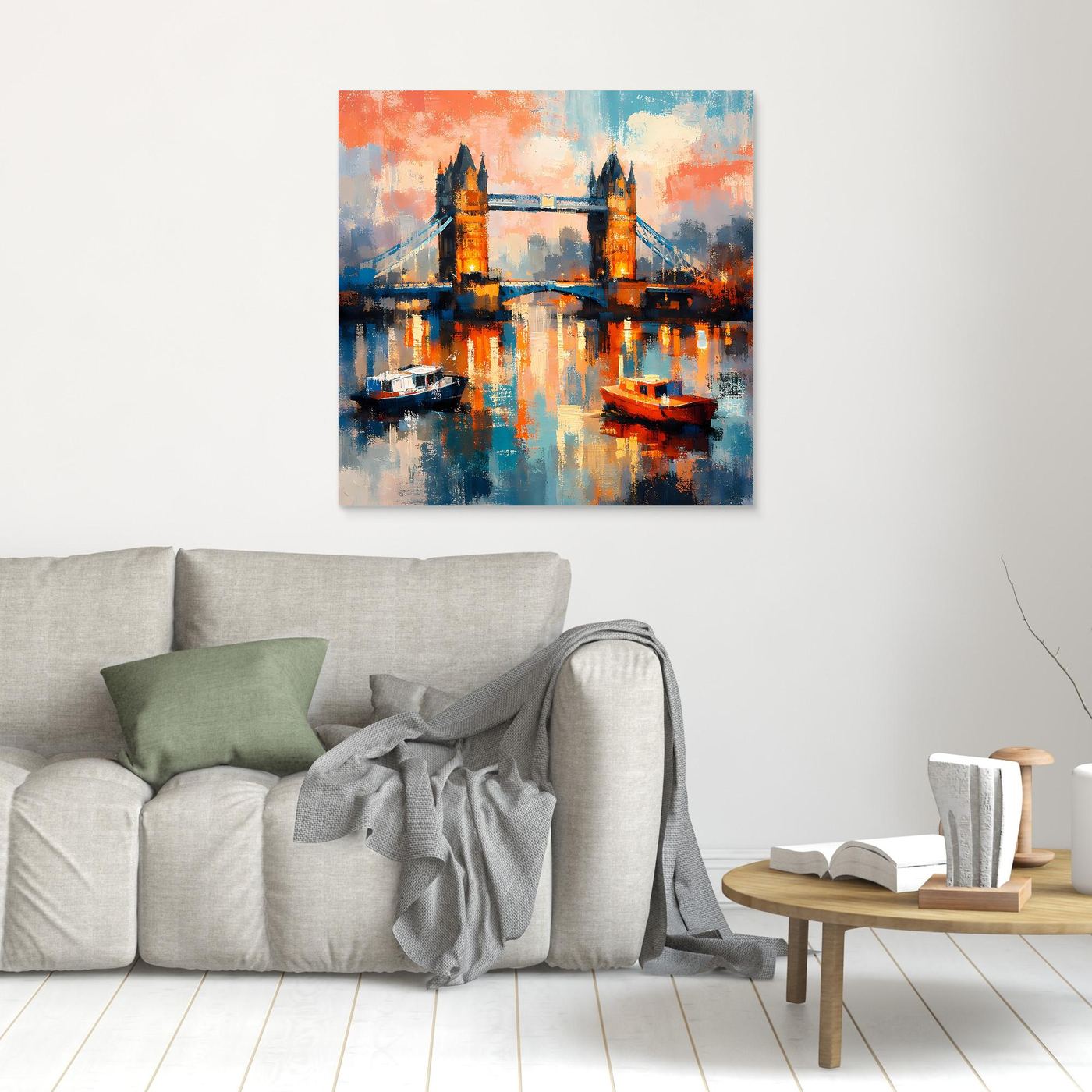 Abstraktes Leinwand-Wandbild mit Tower Bridge, Booten und reflektierendem Wasser