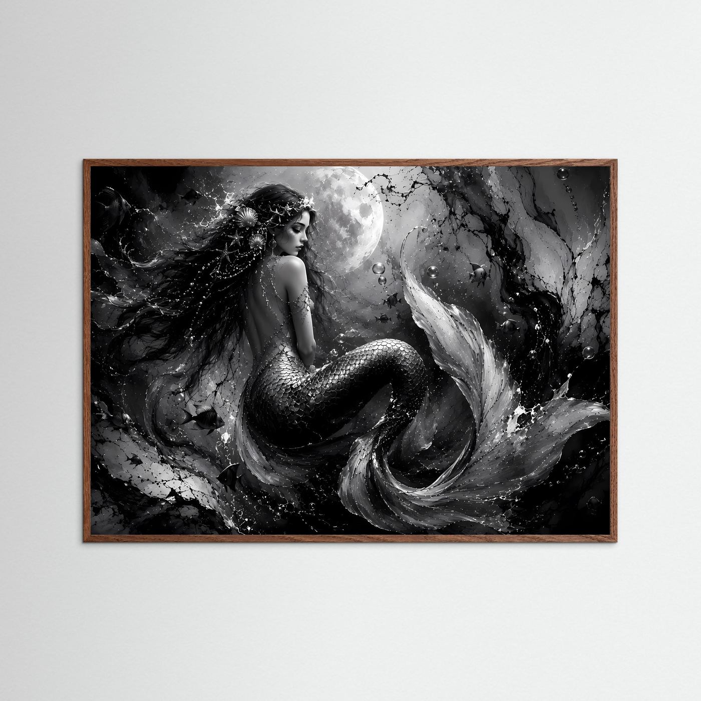 Mystische Meerjungfrau in Schwarz-Weiß | Elegantes Fantasy Poster Querformat