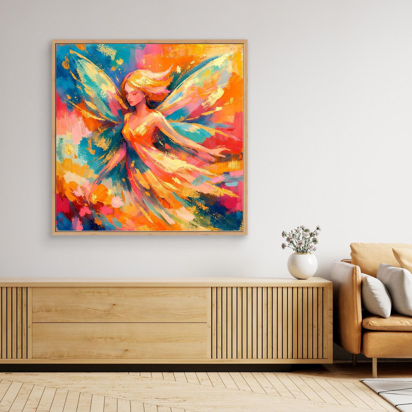 Quadratisches Leinwandbild mit goldfarbenem Rahmen: Fee mit Flügeln, leuchtende Farbwirbel.