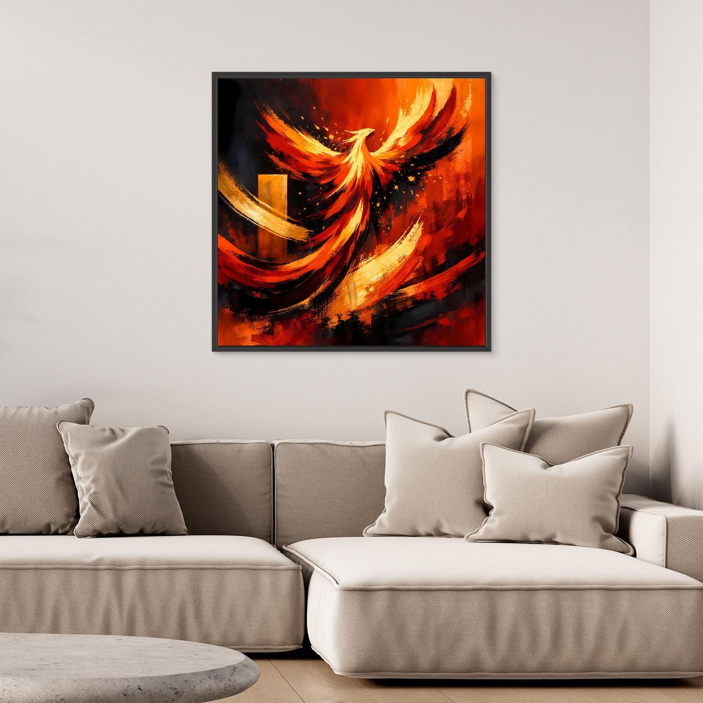 Leinwand-Wandbild mit Phönix aus Flammen, mit schwarzem Rahmen
