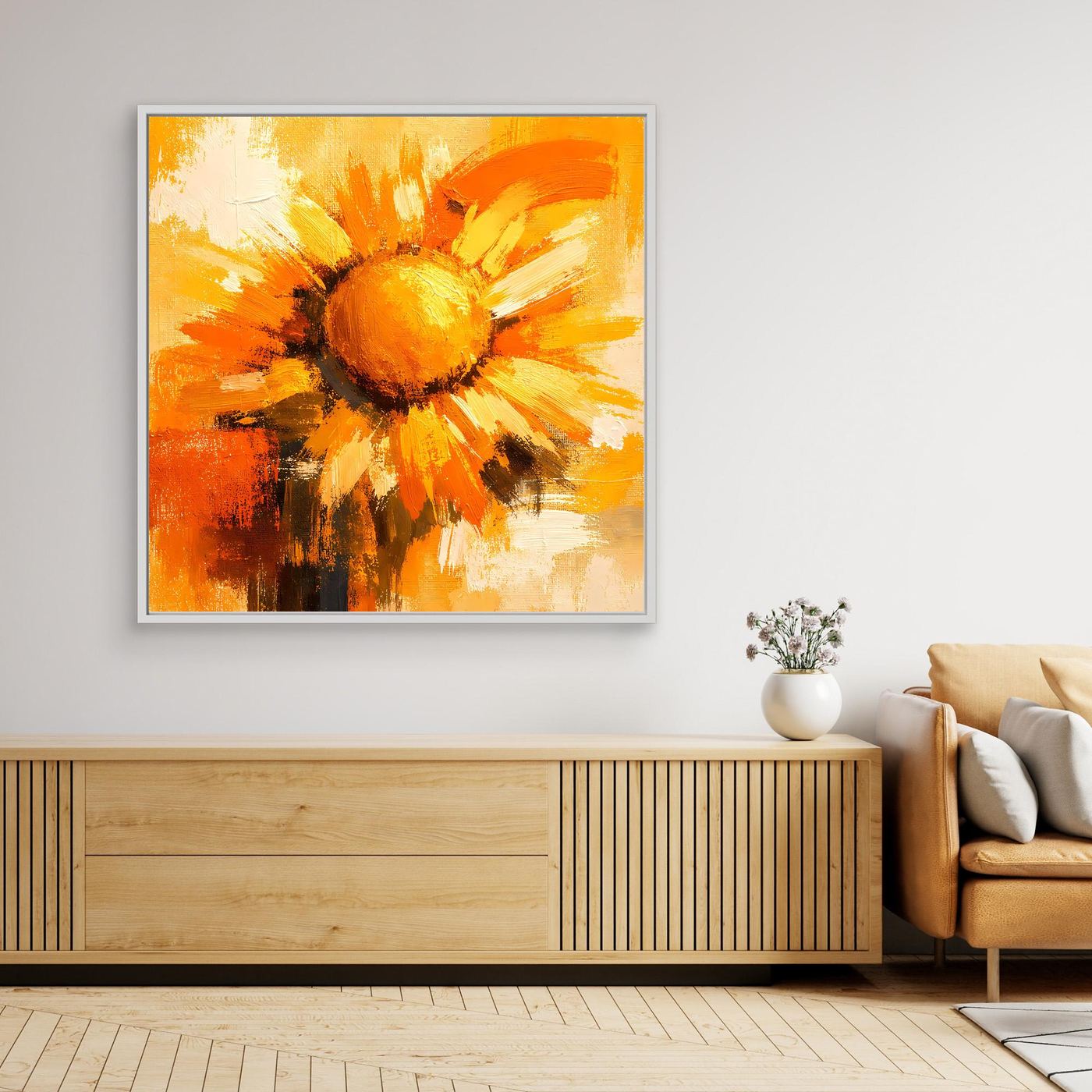 Leinwand Abstraktes Sonnenblumen Gemälde | Modernes Florales Wandbild Gelb Orange