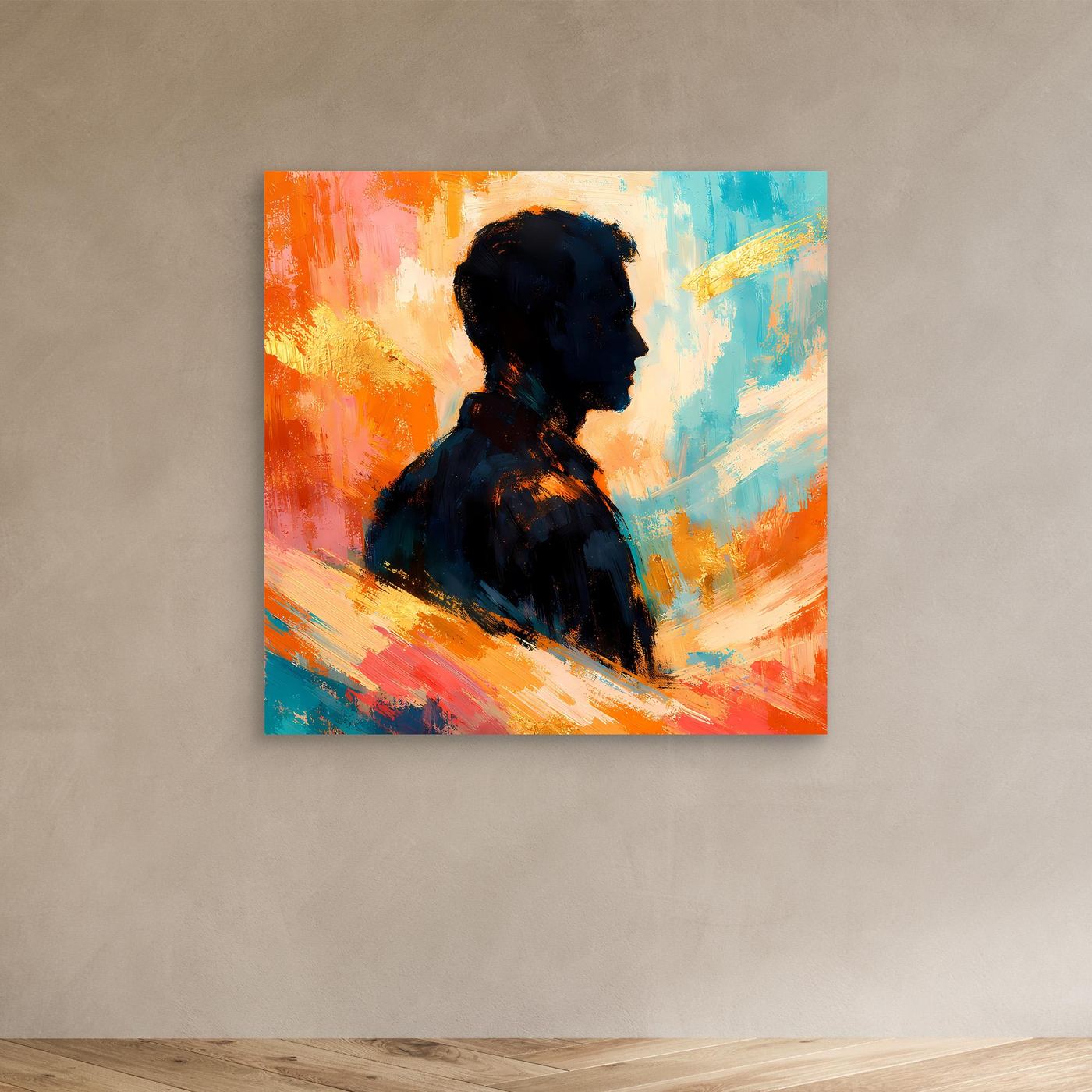 Leinwandbild mit abstrakter Silhouette eines Mannes im Profil, farbig warm