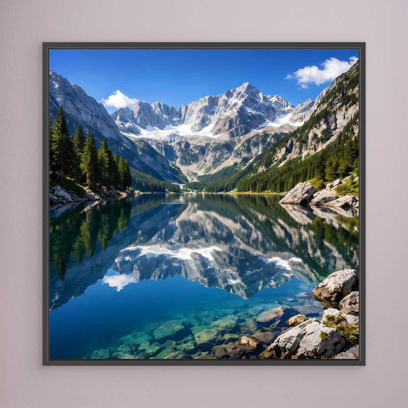 Gerahmtes Leinwandbild mit Bergsee und Alpenpanorama, Spiegelung im kristallblauen Wasser