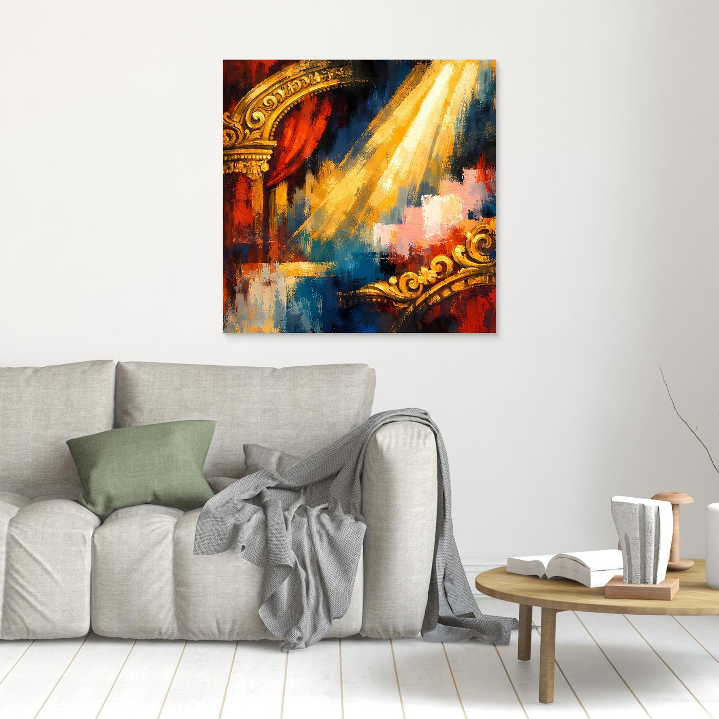 Kleines Leinwandbild mit abstraktem Theatermotiv: roter Vorhang, goldene Ornamente und gelbe Pinselstriche