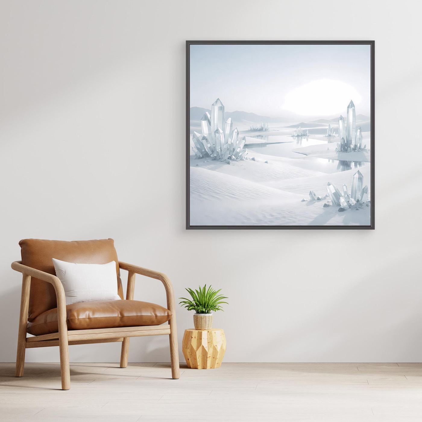 Leinwandbild mit kristalliger Winterlandschaft, schwarzer Rahmen