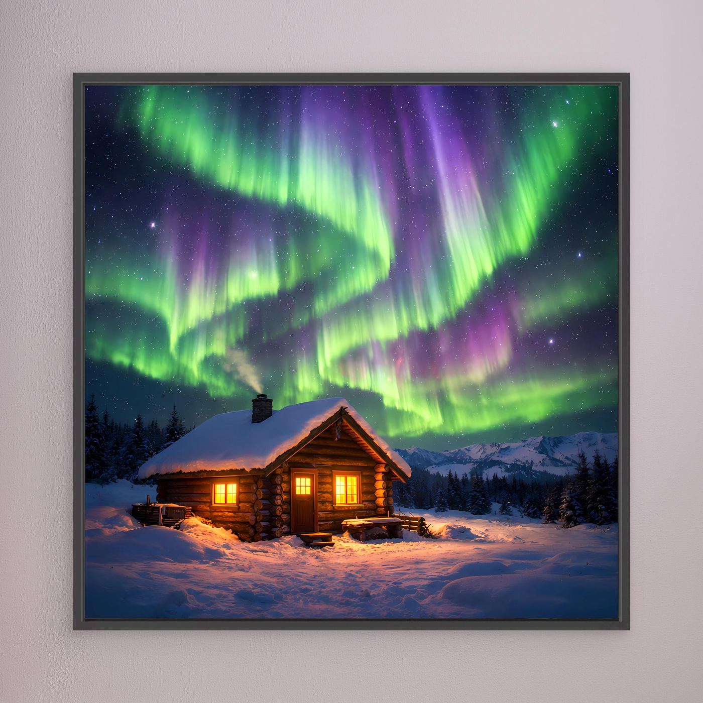 Dunkel gerahmtes Leinwandbild mit beleuchteter Hütte und grünen Polarlichtern