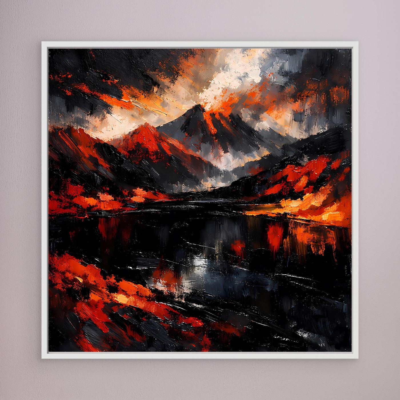 Abstraktes Leinwand-Wandbild mit Vulkan- und Flammenmeer-Motiv, weißer Rahmen