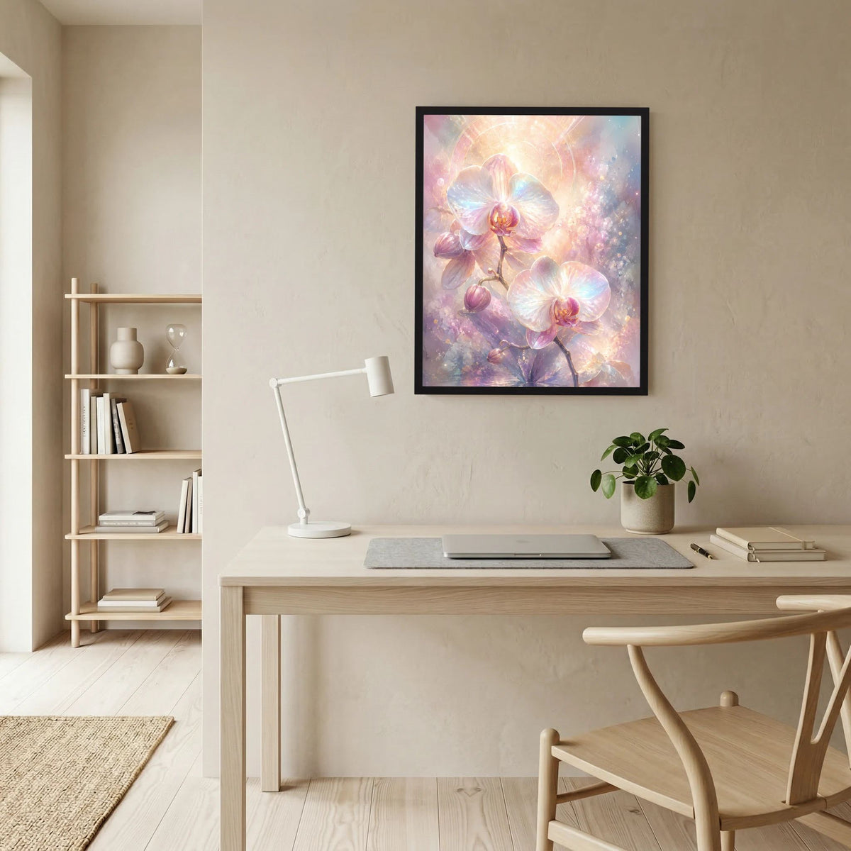 Wandgemälde-Poster im schwarzen Rahmen: pastellfarbene Orchideenblüten mit leuchtendem Kreis-Motiv