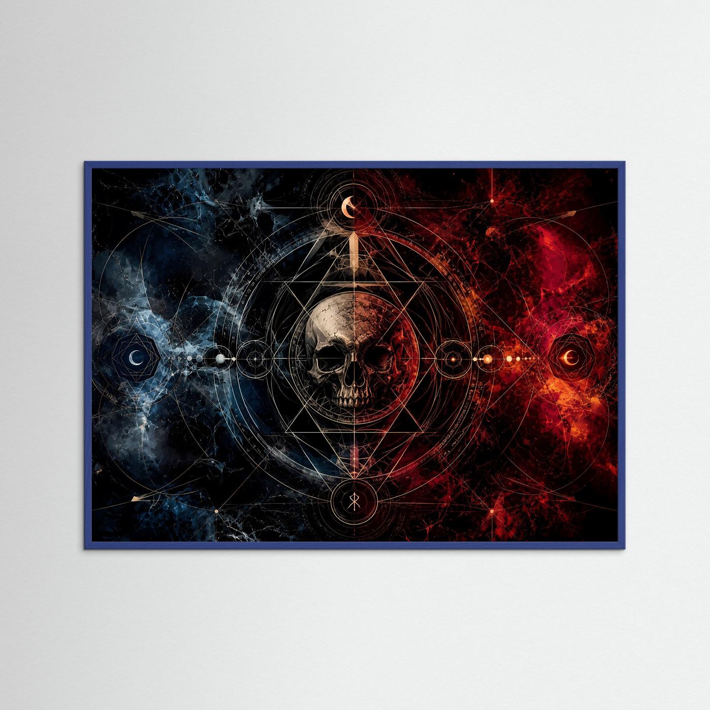 Querformat-Poster mit Totenkopf und roter/blauer Geometrie, blauer Rahmen
