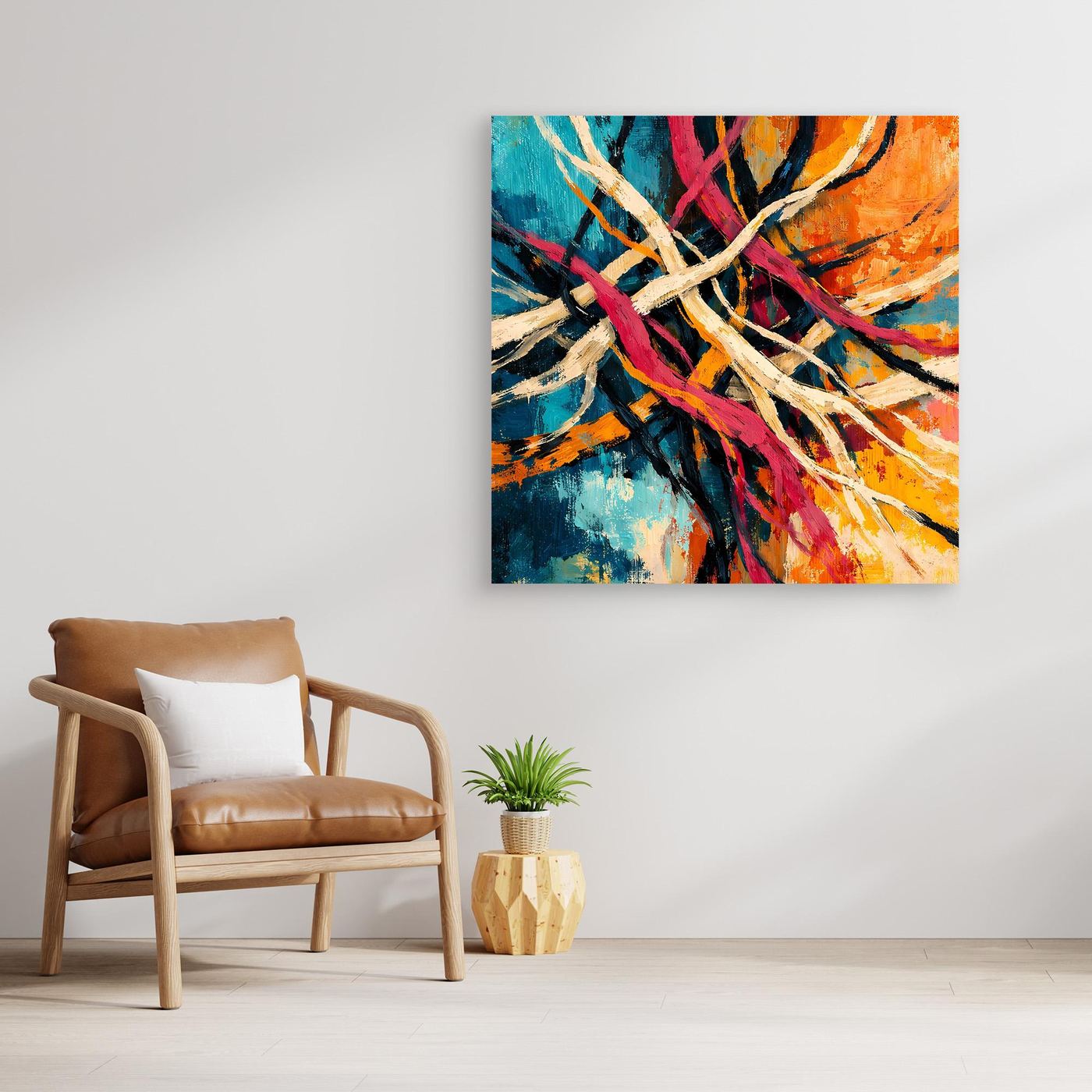 Gerahmtes abstraktes Leinwandbild: farbiges Liniengeflecht in Blau, Orange und Pink