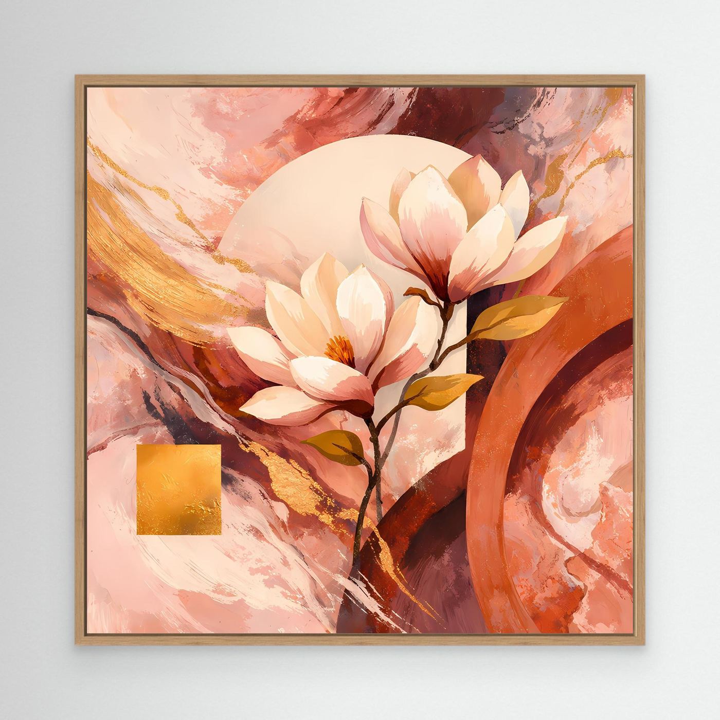 Florales Leinwandbild mit Magnolienblüten, brauner Rahmen, Beige-Rosa und Goldakzent