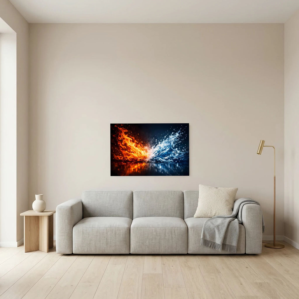 Kunstposter im schwarzen Rahmen mit Feuer- und Wasserwirbeln, Querformat