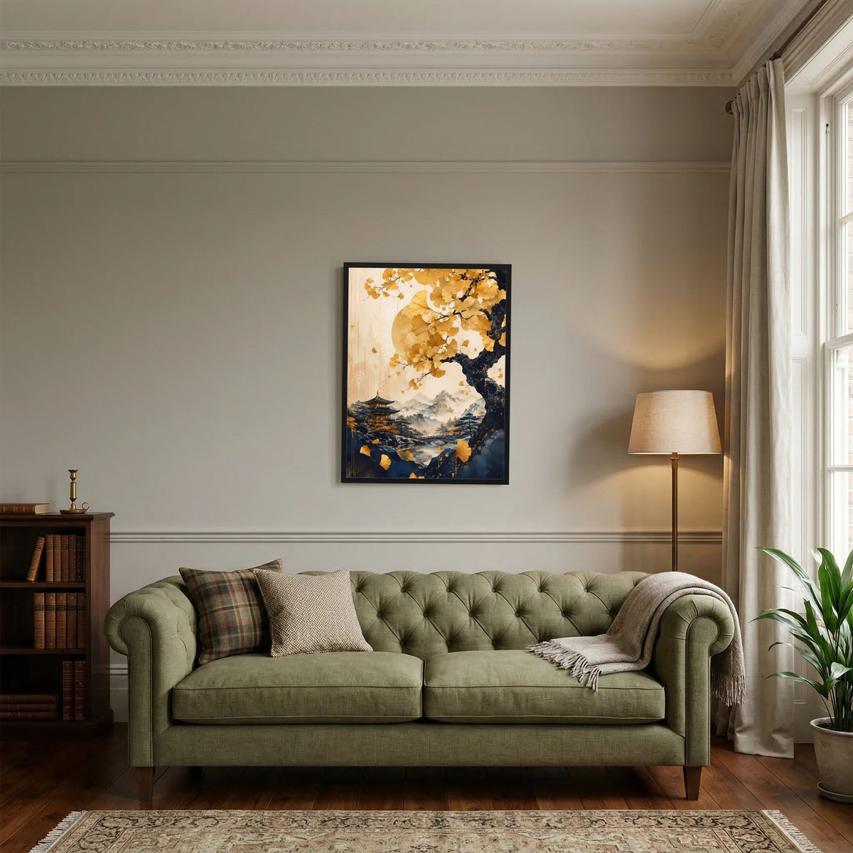 Hochformatiges Poster mit goldenem Ginkgobaum, Pagode und Berglandschaft, schwarzer Rahmen
