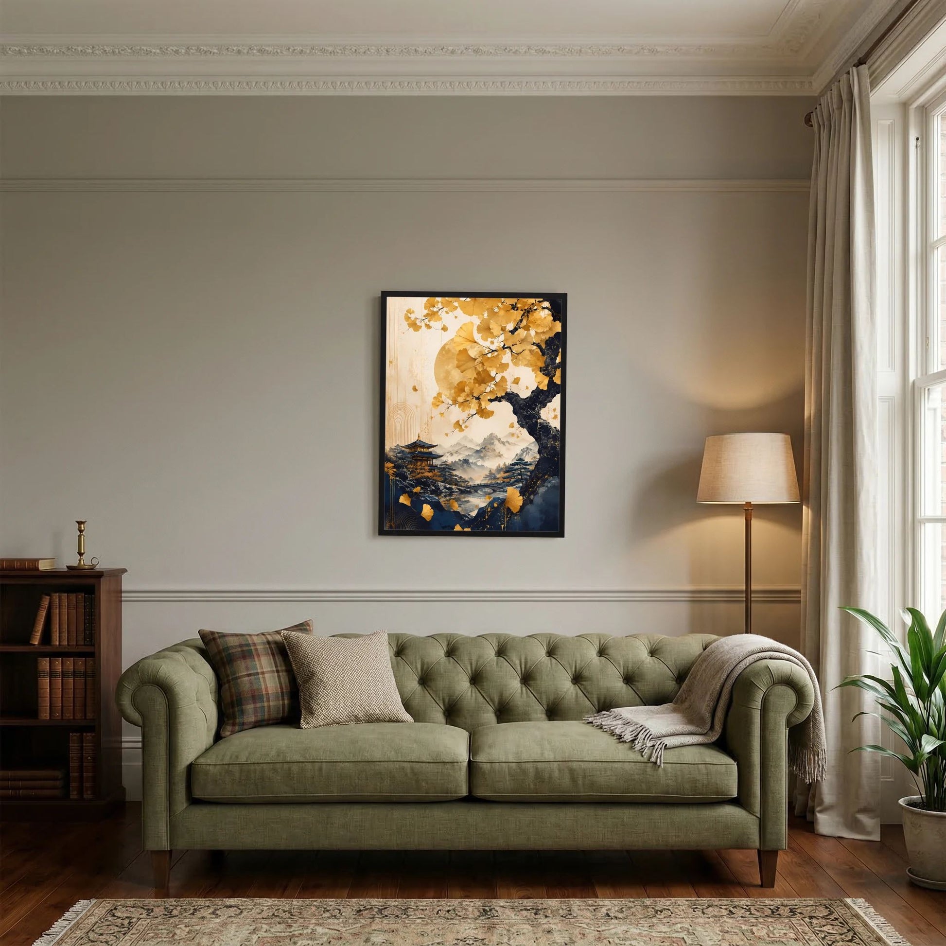Hochformatiges Poster mit goldenem Ginkgobaum, Pagode und Berglandschaft, schwarzer Rahmen