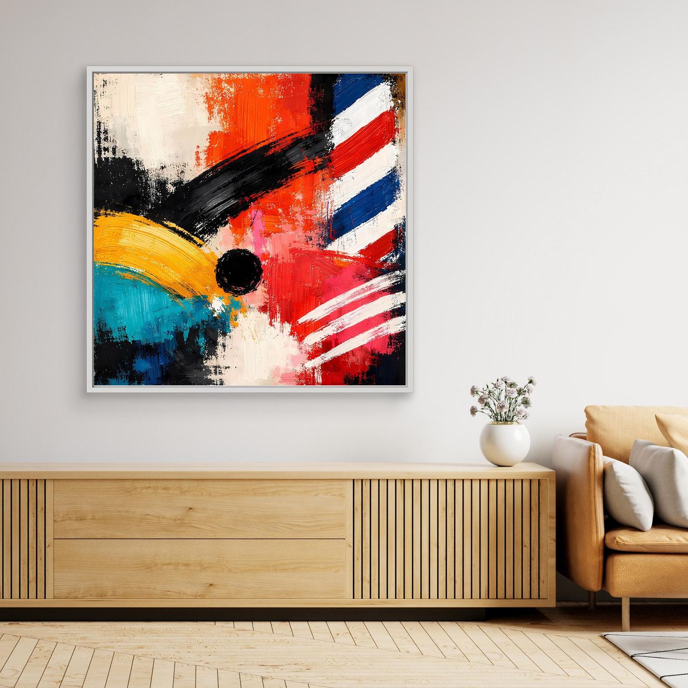 Framed abstract wall art with black frame, geometric strokes in red, blue, white, yellow, black
