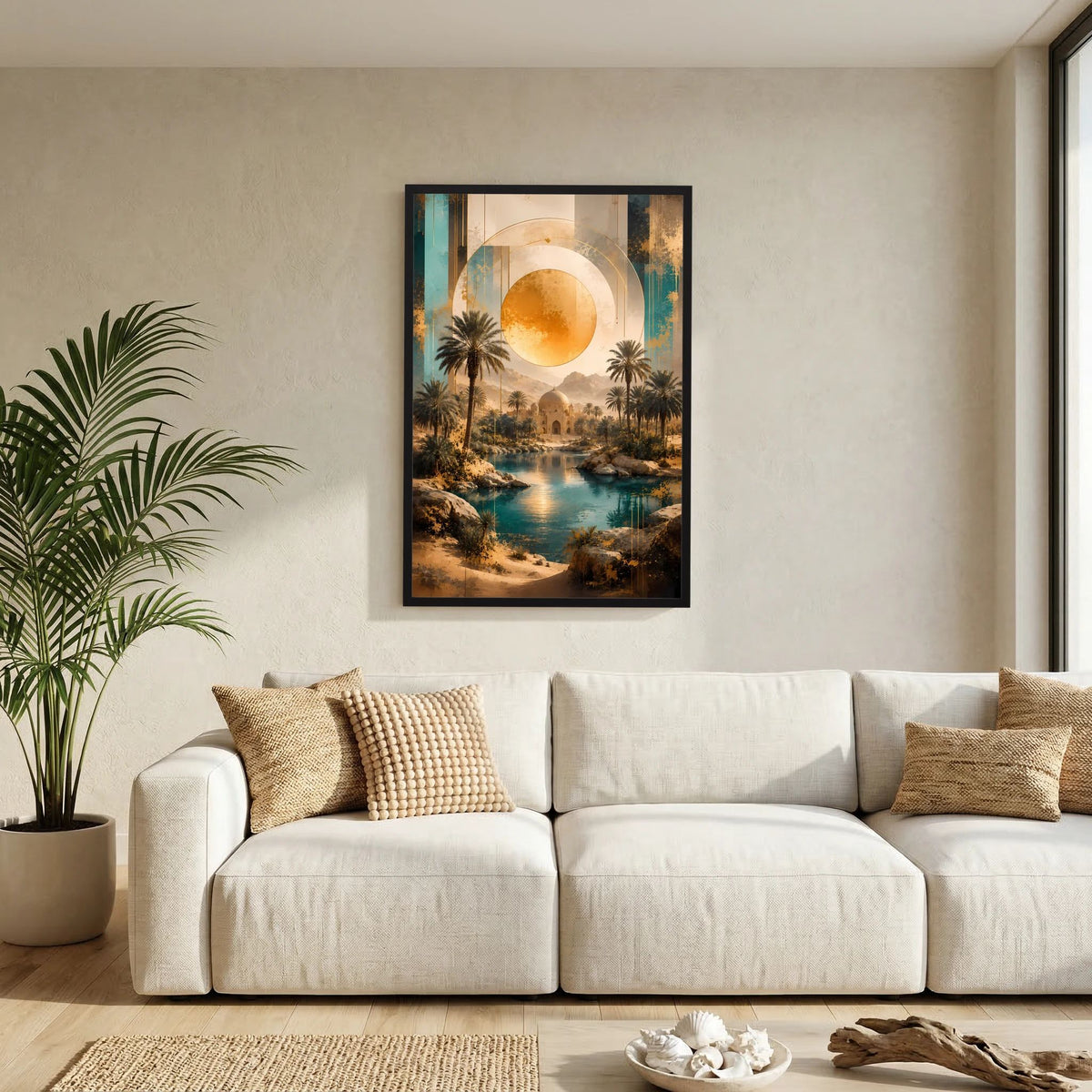 Hochformat-Poster mit goldtürkisem Wüstenmotiv und Palmen, schwarz gerahmt