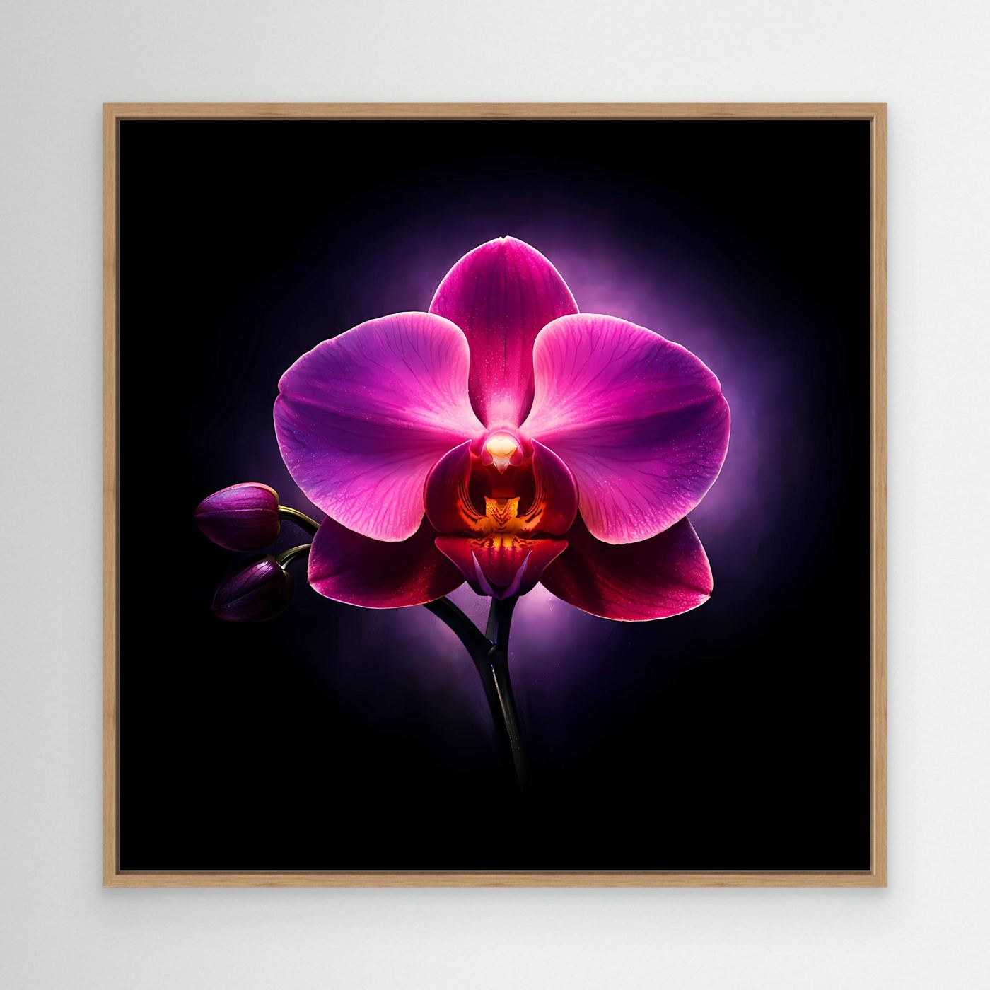 Leinwandbild mit abstrakter Orchidee, pink-lila Blüte, mit hellem Holzrahmen
