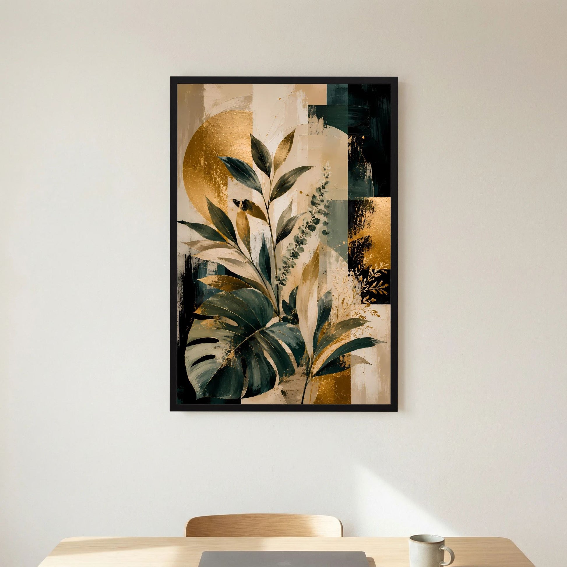 Kunstposter mit Monstera-Blättern, abstrakt in Gold- und Grüntönen, schwarzer Rahmen
